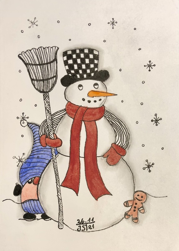 26.11.2021 - Zentangle Schneemann Postkarte